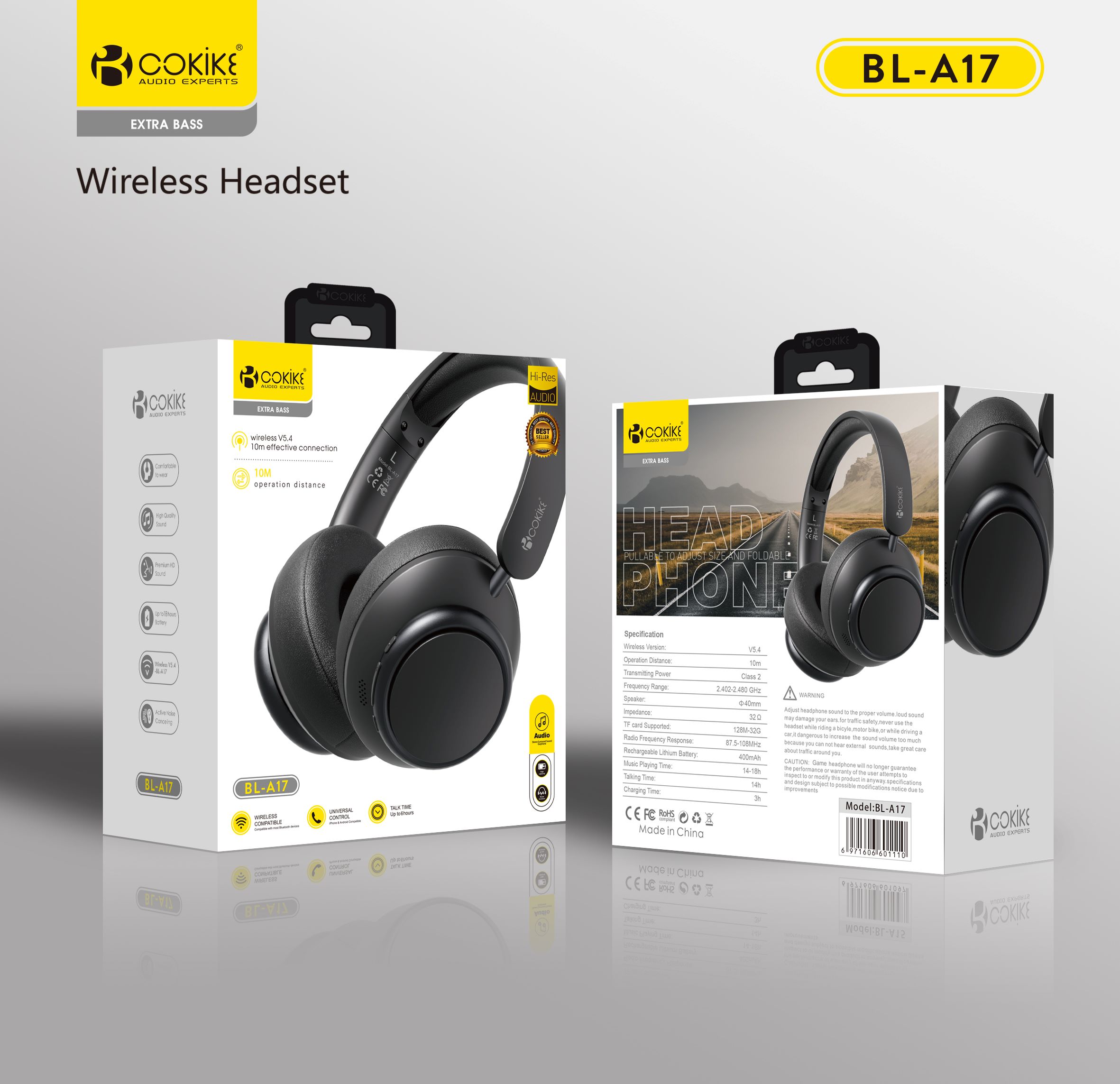 Casque st&eacute;r&eacute;o sans fil COKIKE BL-A17 - Exportateur Casque Bluetooth portable pour t&eacute;l&eacute;phone portable