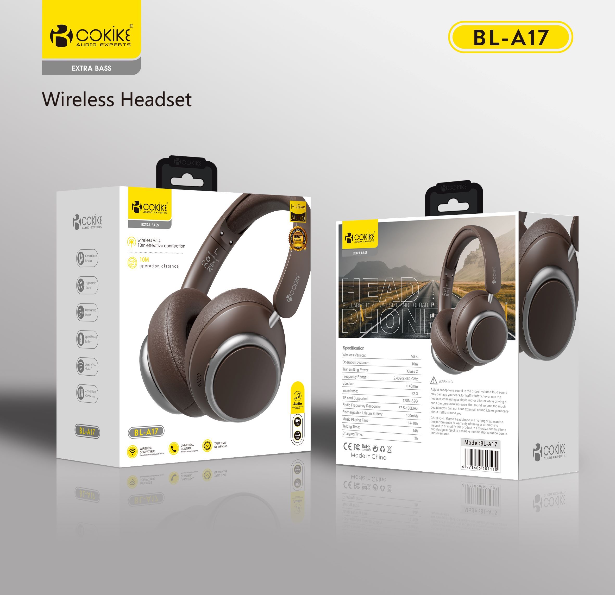 Casque stéréo sans fil COKIKE BL-A17 - Exportateur
Casque Bluetooth portable pour téléphone portable
