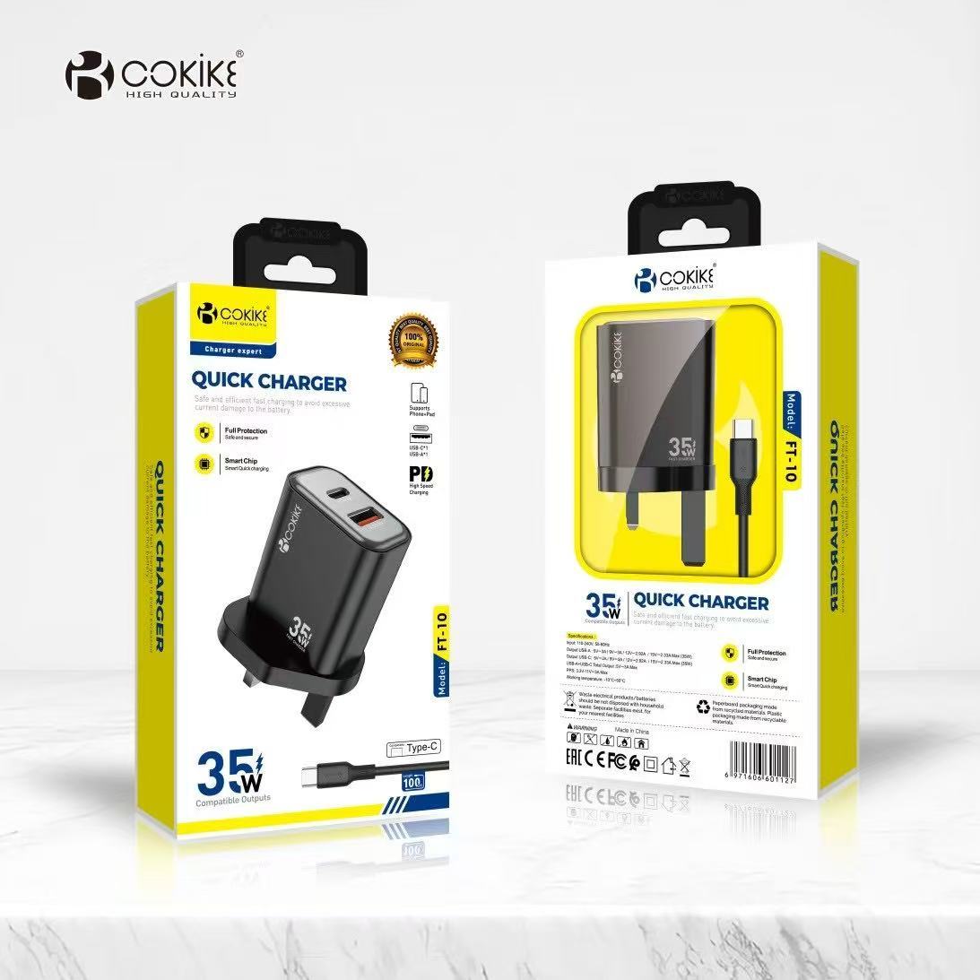 شاحن هاتف ذكي COKIKE FT-10 بمنفذ USB مزدوج، مزود بمقبس المملكة المتحدة، وشاحن سفر سلكي مع كابل USB سريع