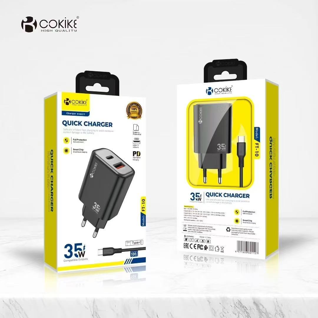 Carregador de tomada Euro COKIKE FT-10 Exportador Adaptador de energia USB inteligente com cabo de carregamento para celulares e tablets