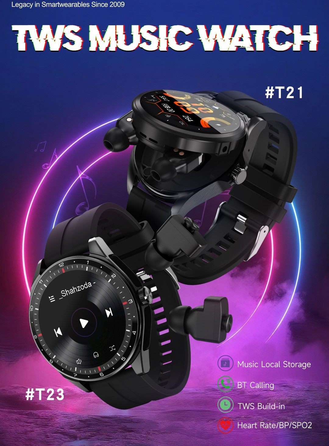 T23 TWS 二合一運動追蹤器 GPS 智慧手錶工廠配備適用於手機和平板電腦的 TWS 耳機