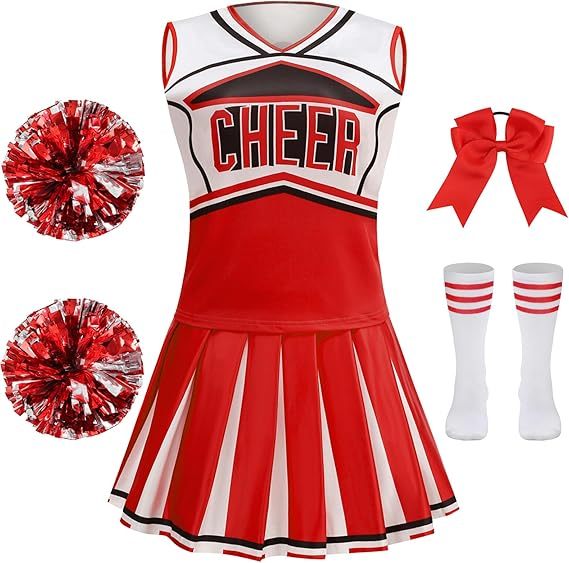 Girls Cheerleader Outfit Kids School Cheer Uniform 5-Piece Set