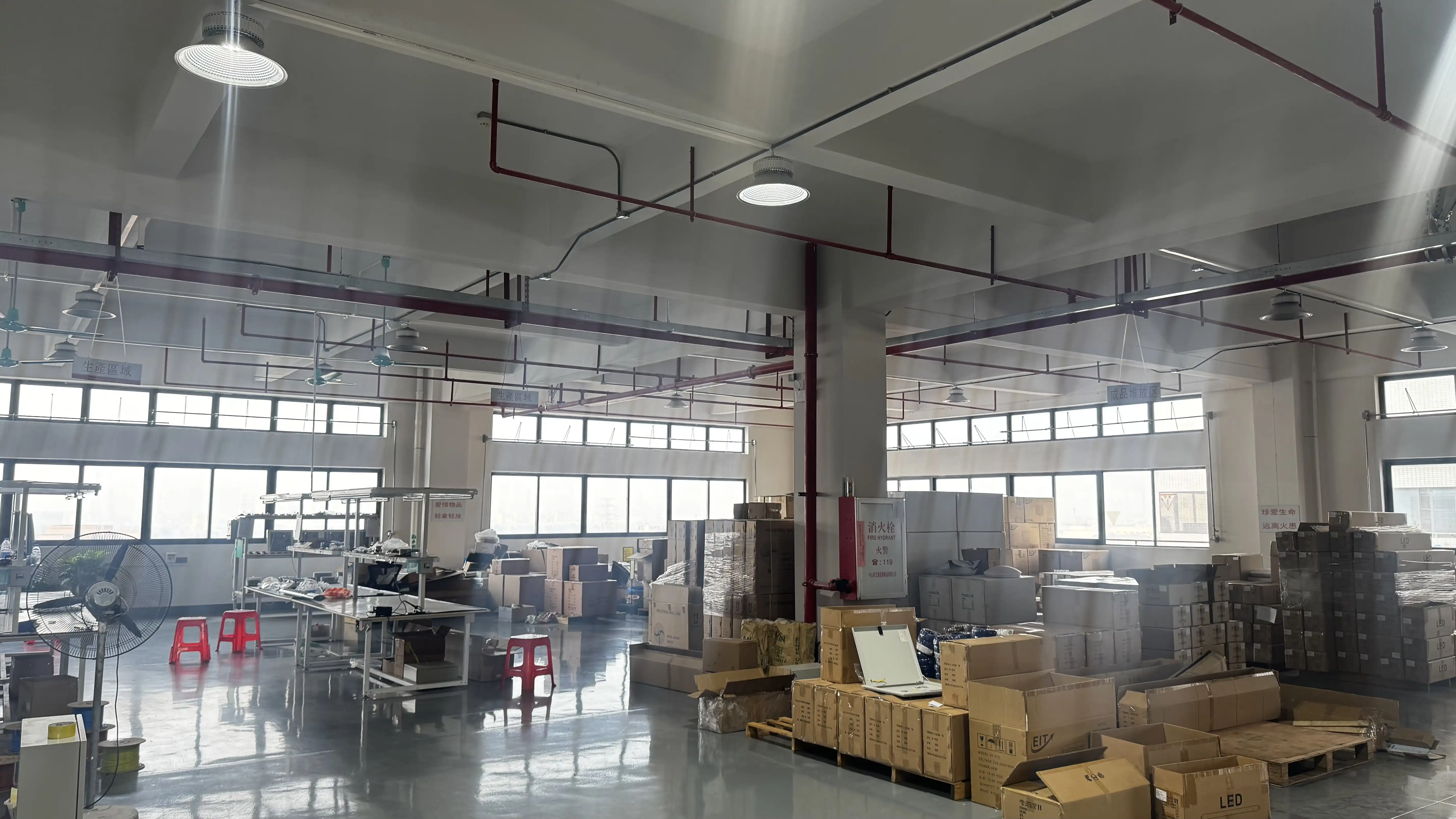 Kocurnsiy massive manufacturing facility and assembly line for commercial ventilation fans and LED lighting