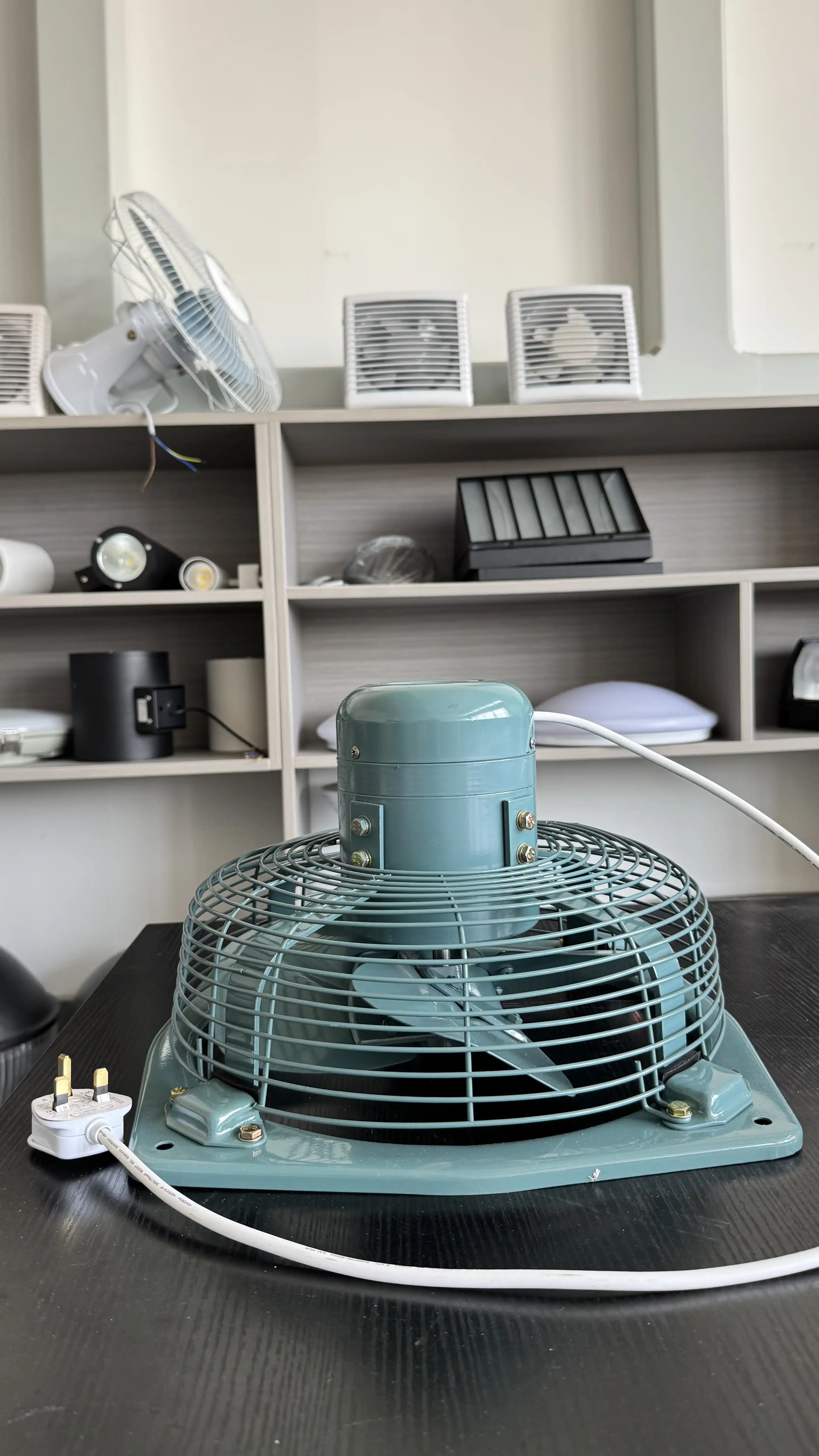 Rear view of the heavy-duty ventilating fan featuring a low-noise ball bearing copper motor