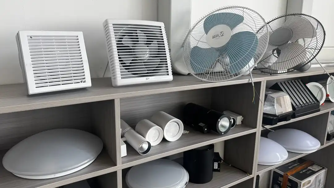 Commercial HVAC, ventilation, and LED lighting product samples at Kocurnsiy facility