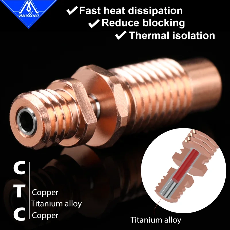 Newest Mellow All-Metal NF-CTC Heat Break Bimetal Copper & Titanium Heatbrbreak For 3D Printer Parts1.75mm V6 Hotend Nozzle