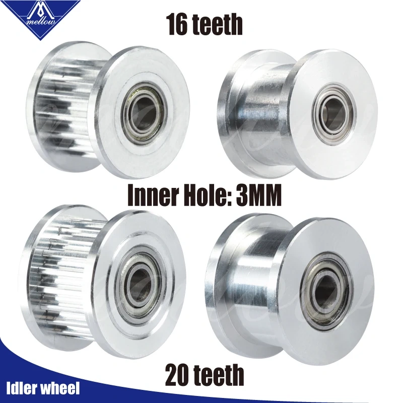 Mellow 2GT 16/20 Teeth Synchronous Wheel Idler Pulley With/without Tooth Bore 3mm With Bearing For GT2 Timing Belt Width 6mm