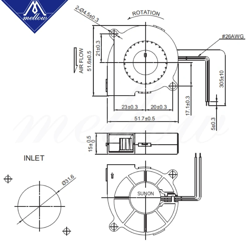 Mellow Sunon 3D Printer Blower Fan 5015 12V (Up 24V)0.17A Magnetic Suspension Bearing Fan Centrifugal DC Cooling Turbo fan 5015S