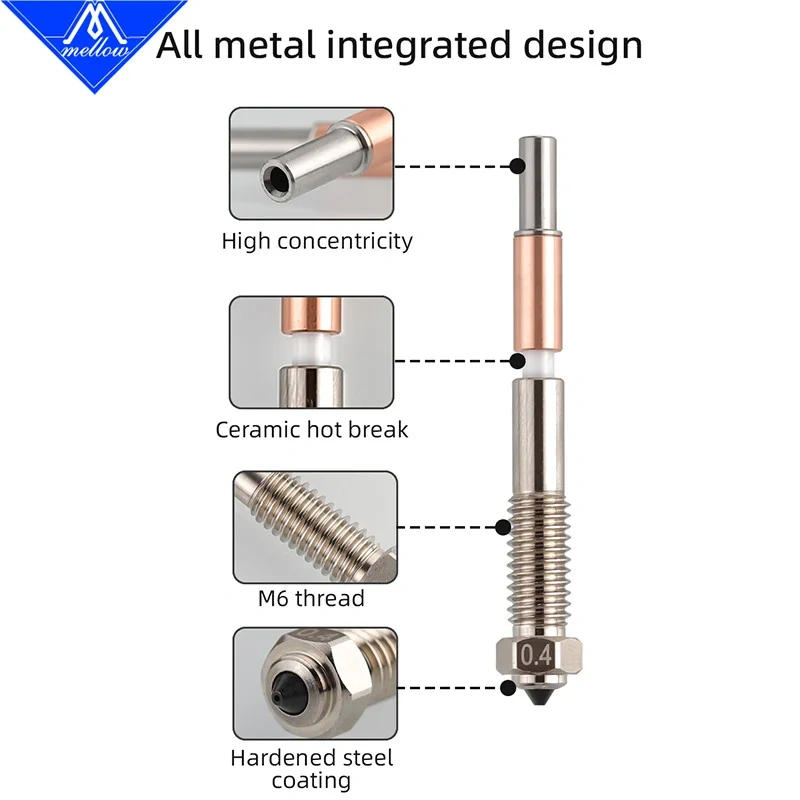Mellow 3D Printer QIDI Plus4 Bimetal Nozzle With Ceramic Insulation – Integrated Design For Quick Removal & Easy Replacement