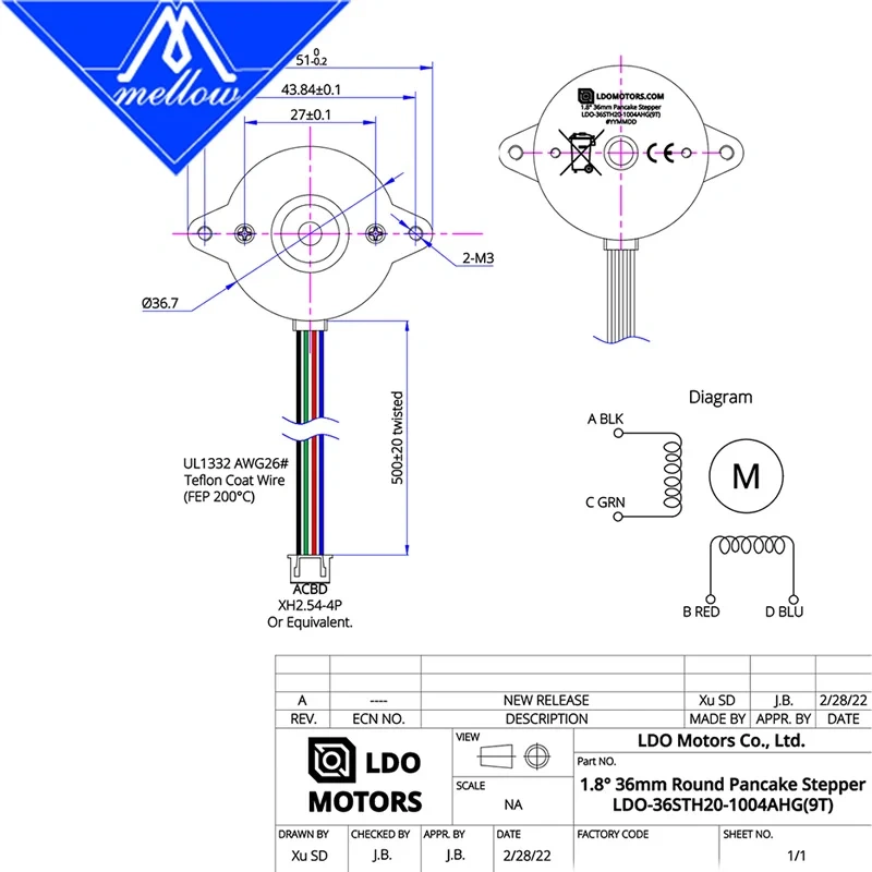 Mellow High Temperature NEMA14 Motor LDO-36STH20-1004AHG(9T) For Orbiter V2.5 Extruders ​G2E Extruders Orbiter V3.0 Extruder