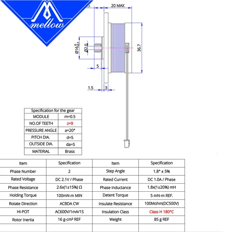Mellow High Temperature NEMA14 Motor LDO-36STH20-1004AHG(9T) For Orbiter V2.5 Extruders ​G2E Extruders Orbiter V3.0 Extruder
