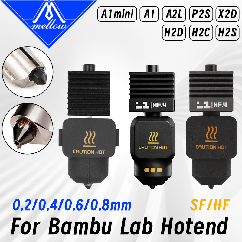 New Mellow SF/HF ANC-Coat Hotend 0.2/0.4/0.6/0.8mm Hardened Steel Nozzles For Bambu Lab H2/P2S/X2D/A1/A1 Mini/A2L