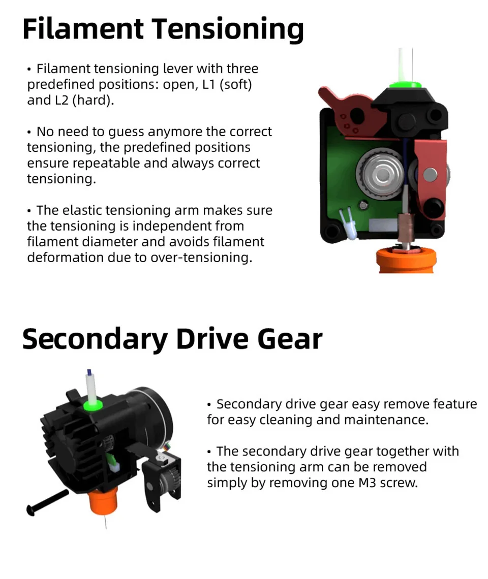 3-position filament tension & quick-release secondary gear