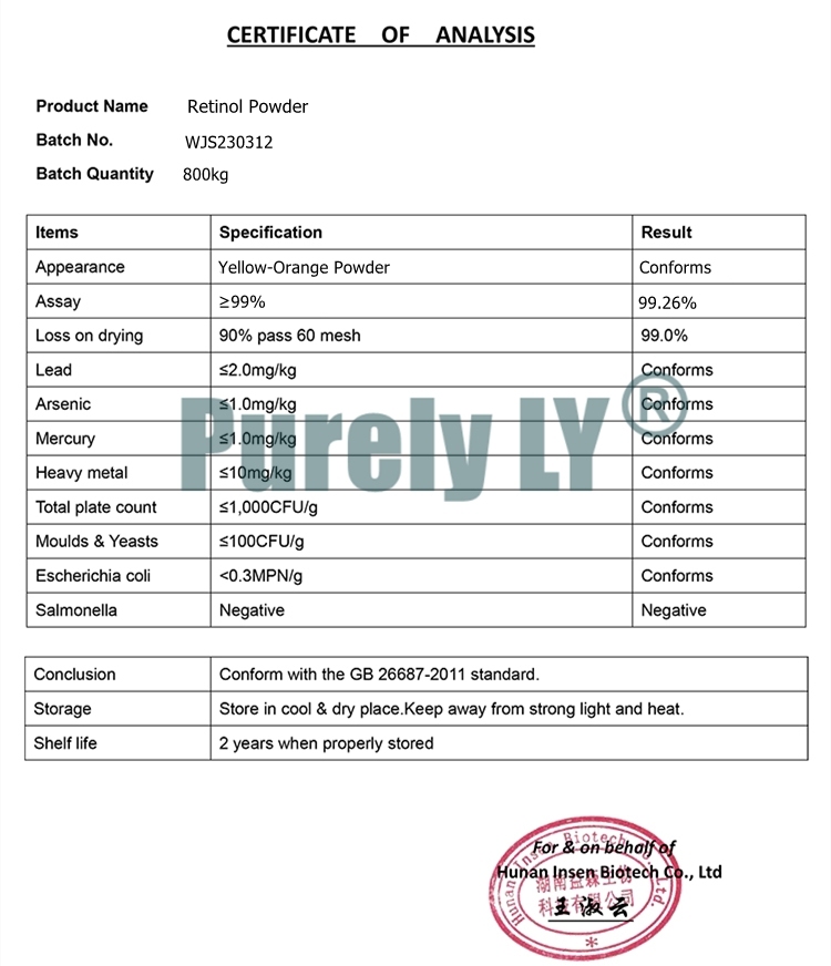 Food Grade 99% Retinol Vitamin A Retinol Powder CAS 68-26-8, Healthy anti aging,reduce the appearance of fine lines, wrinkles, and dark spots