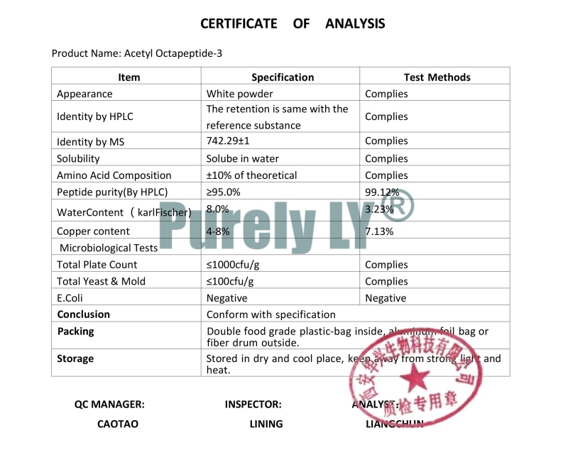 100% Acetyl Octapeptide-3 Powder, Anti-Wrinkle Peptide SNAP-8 Cosmetic Grade CAS 868844-74-0 Reduce wrinkles Anti wrinkles