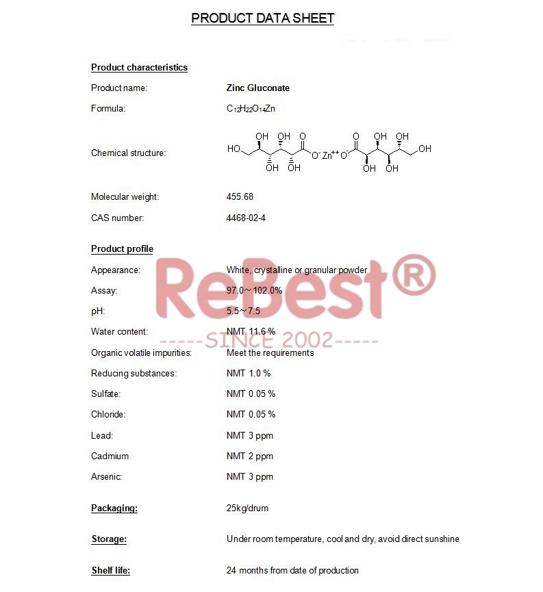 Food Grade 100% Zinc Gluconate Powder,Zn Supplements,CAS 4468-02-4