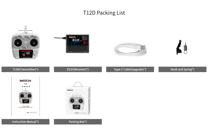 Radiolink T12D 12 Fully-proportional Channels Remote Control Radio Transmitter with Receiver R12F