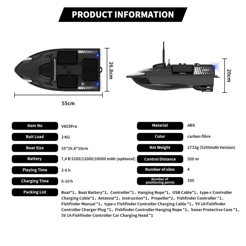 Flytec V803 Pro Load Capacity 3kg Four Hoppers Independently 500m Built-in Sonar Fish RC Carp Fishing Bait Boat