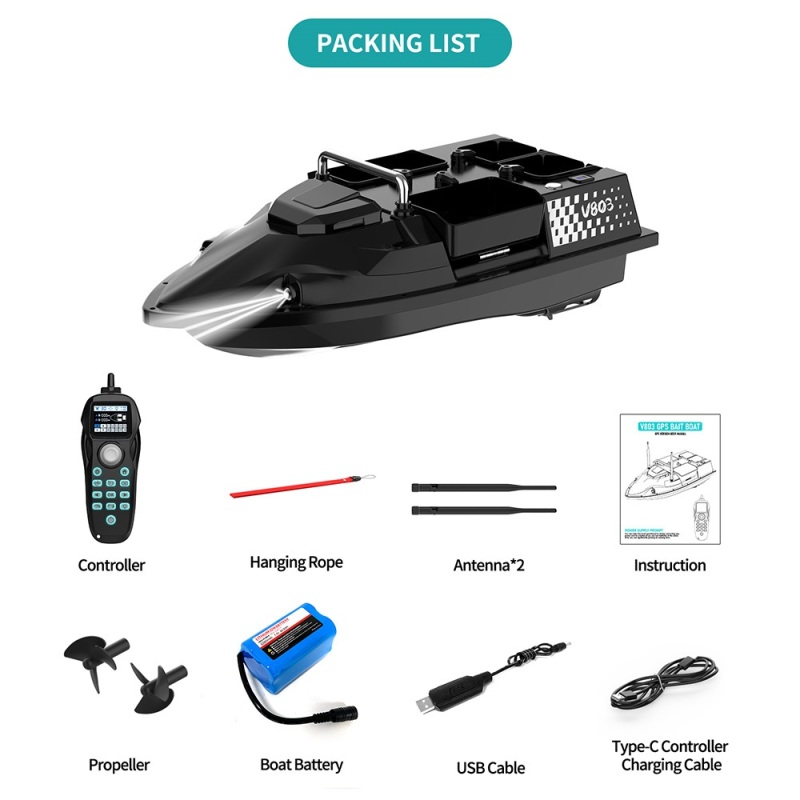 Flytec V803 GPS 500M Four Hoppers Dual Load Capacity 3kg Multi-functional Lighting System RC Fishing Bait Boat