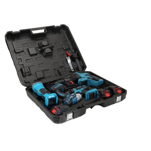 Three-piece brushless lithium power tool set with two batteries and one charger.