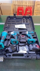Three-piece brushless lithium power tool set with two batteries and one charger.
