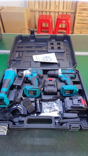 Three-piece brushless lithium power tool set with two batteries and one charger.