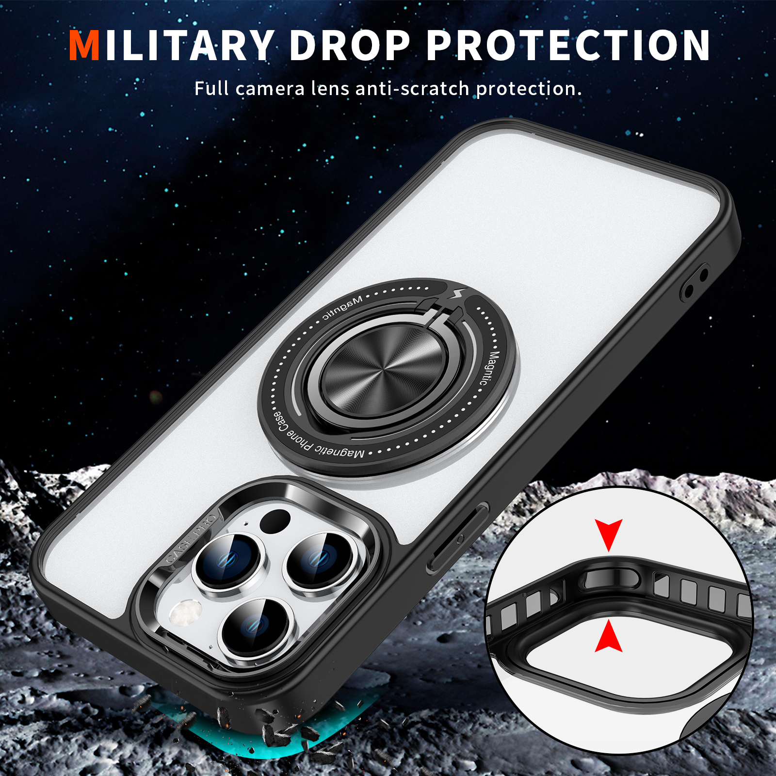 SBR-KY360 Degree Ring Case for iphone 14 15 16 pro max Metal Camera Lens Protect Shockproof Cover With Stand