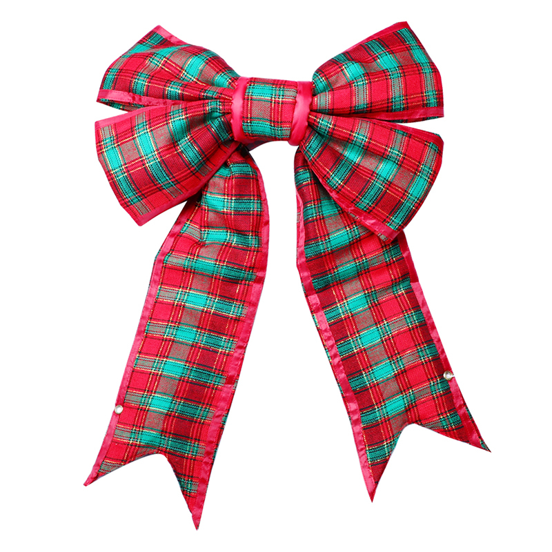 18in Structural Green Red Plaid Bow with Red Trim