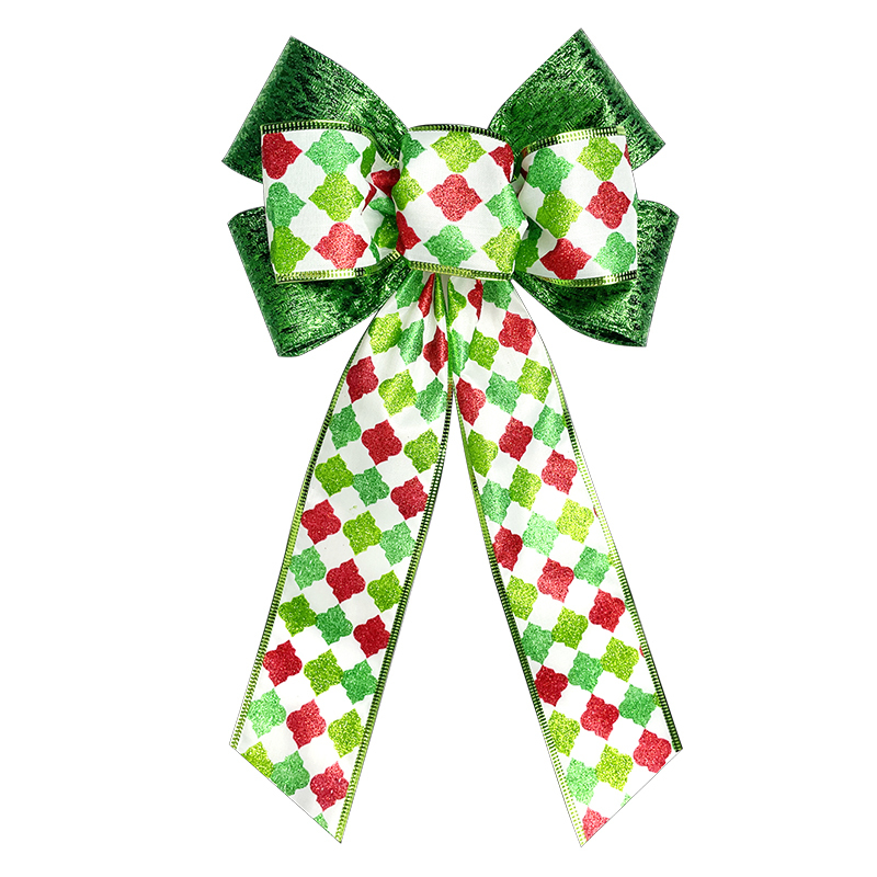 Green Glitter and Christmas Diamond Lattice Ribbon Wreath Bow