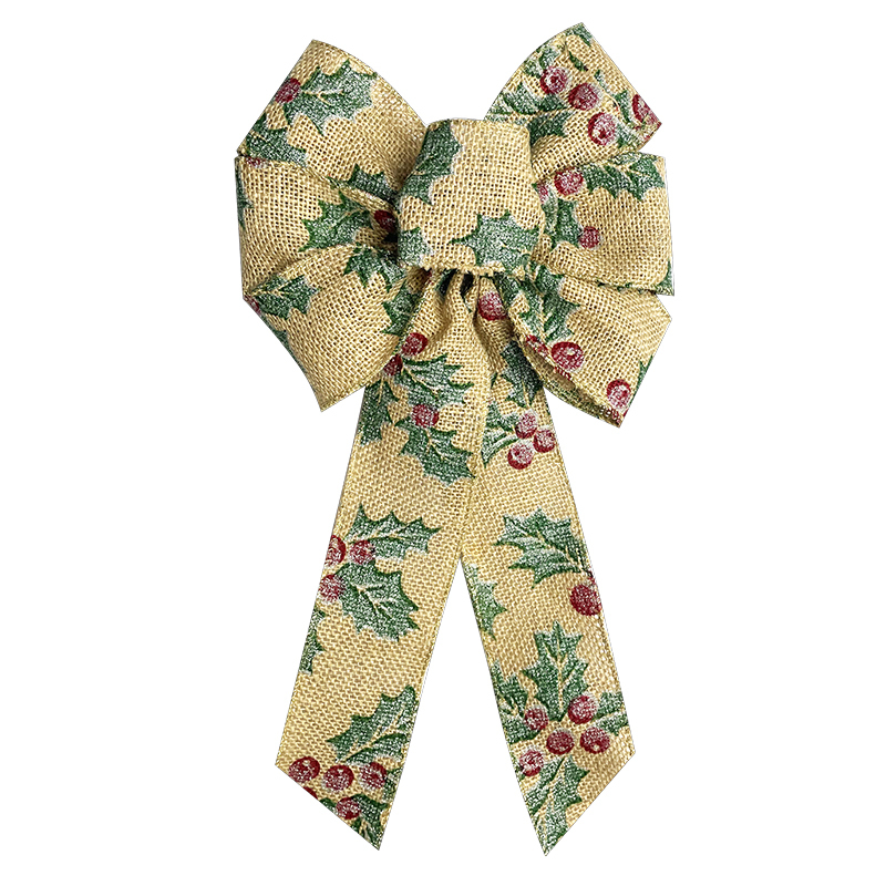 Wired Holly Berries on Ivory Burlap Ribbons Bow