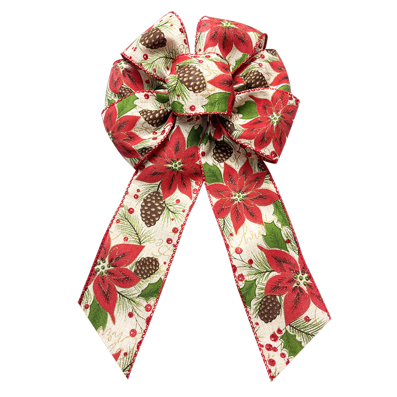 Wired Ivory & Red Poinsettia Burlap Bow