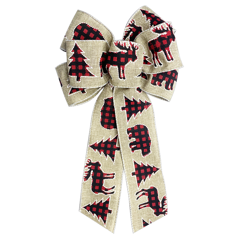Wired Plaid Reindeer Natural Burlap Bow