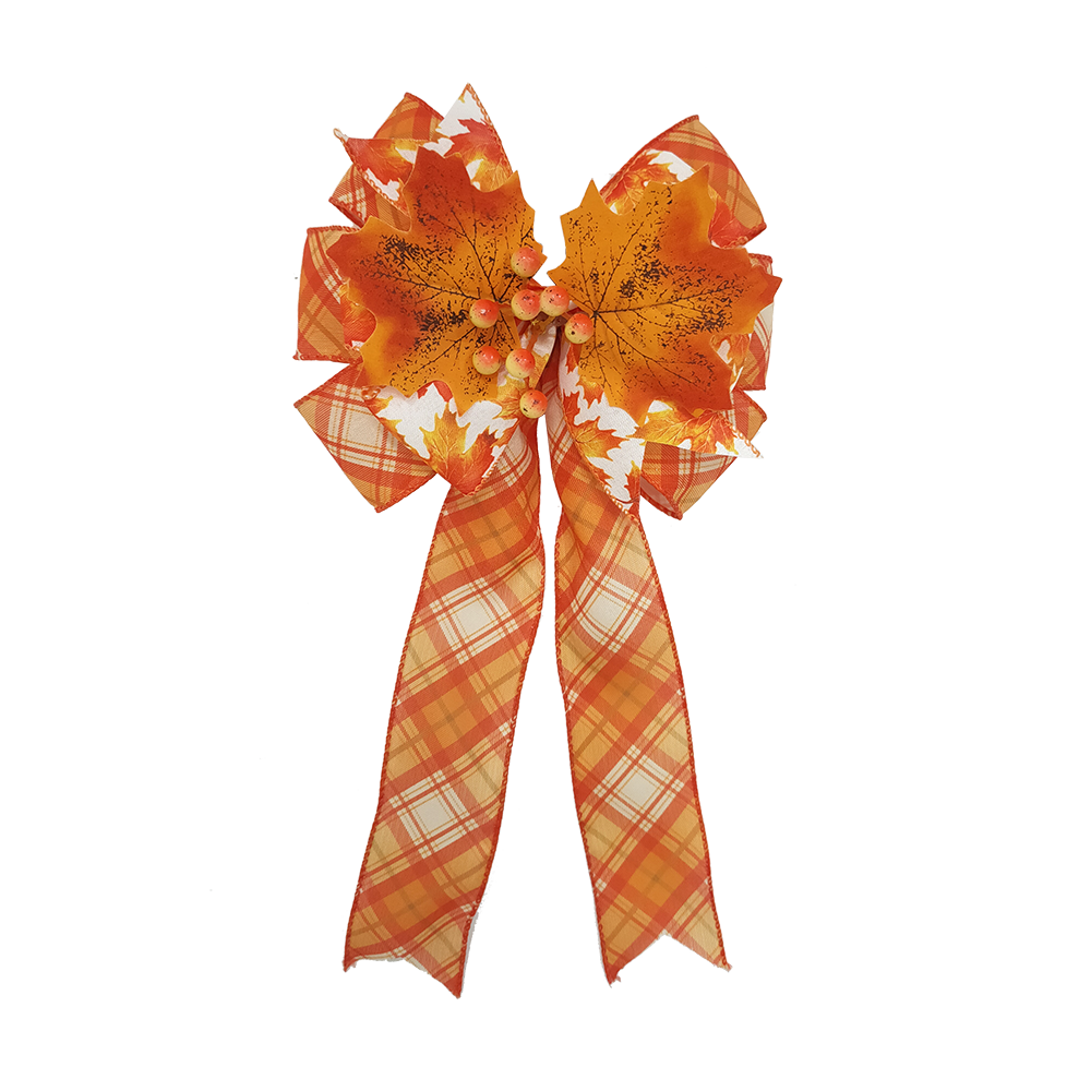 Autumn Charm Satin Bow with Maple Leaves Rustic Fall Satin Bow with Berry Accents