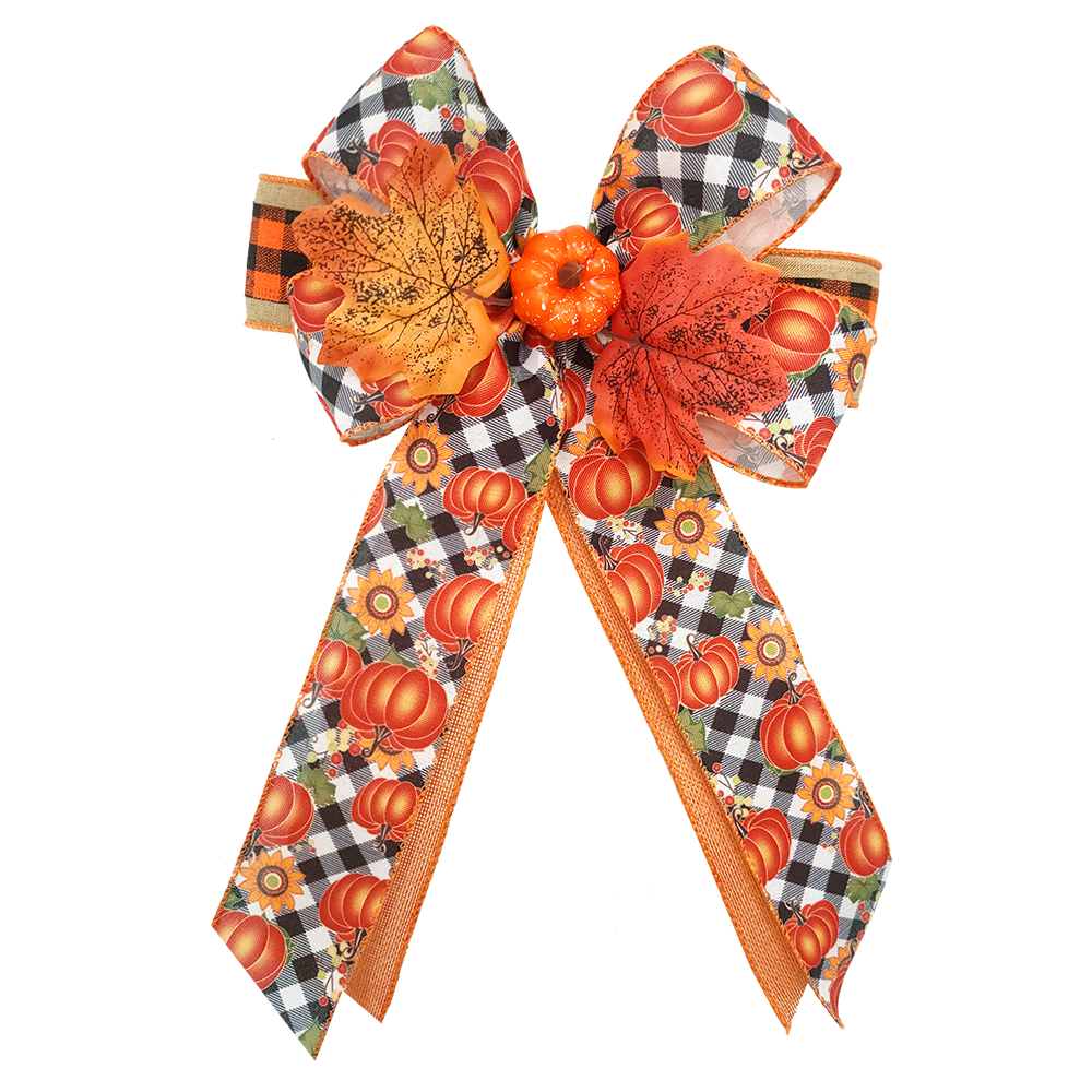 Autumn Harvest Satin Bow with Pumpkins and Leaves Patch Checkered Satin Bow