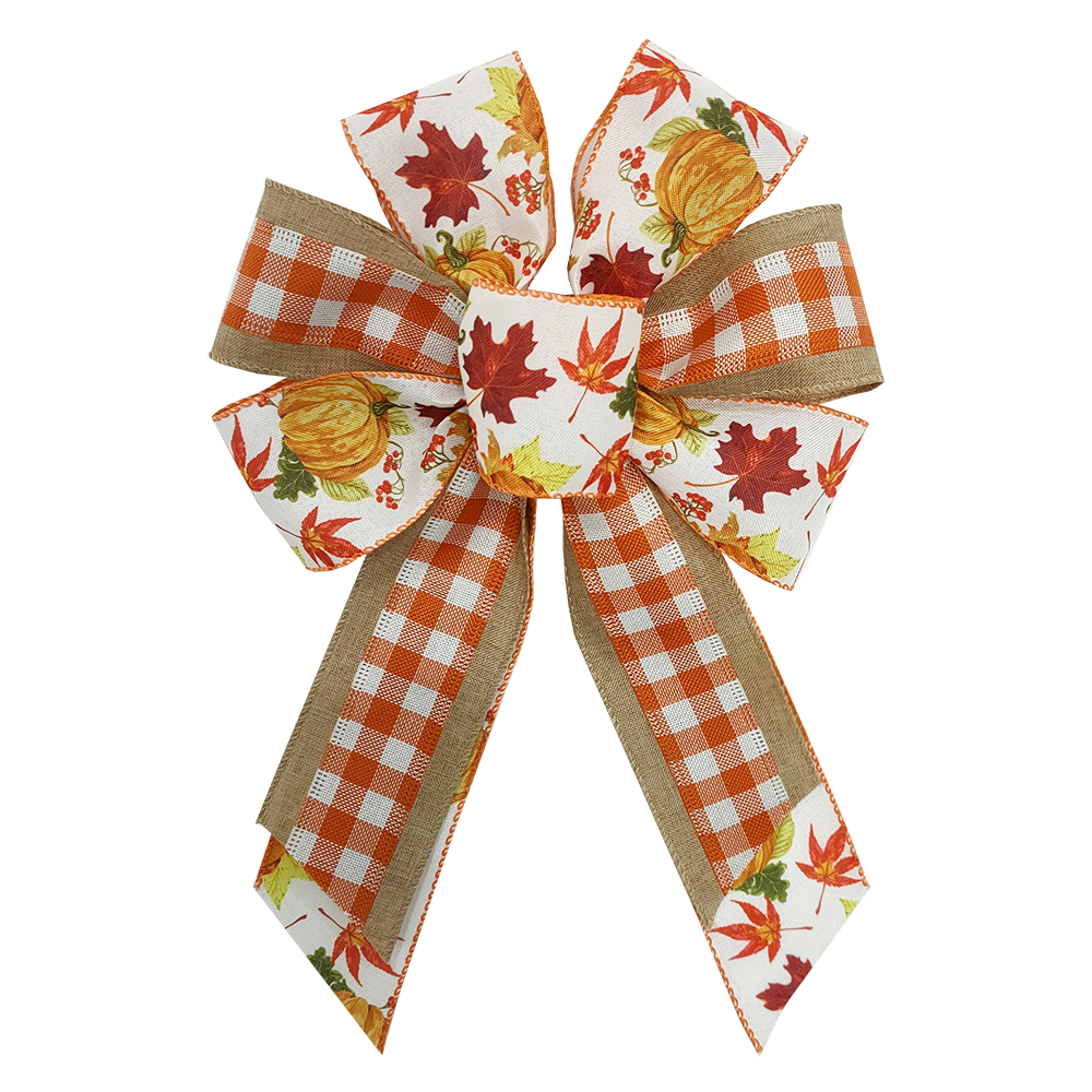 Autumn Leaves Handmade Satin Bow with Pumpkin Design