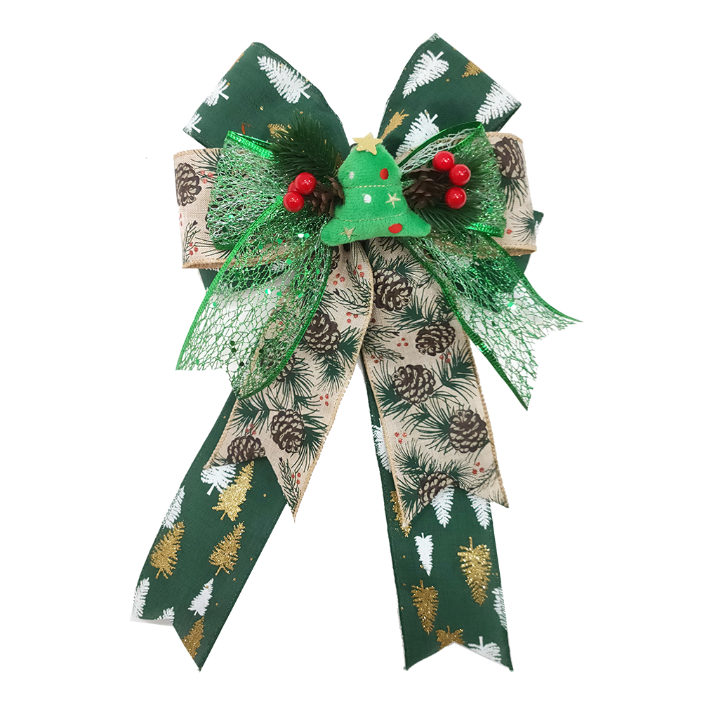 Handmade Christmas Satin Bow with Pine Cone Accents
