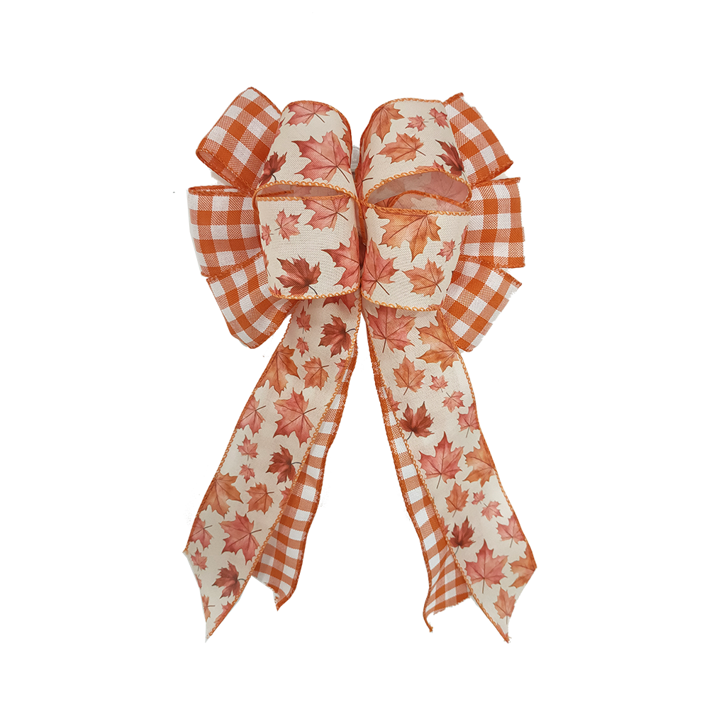 Rustic Autumn Leaves Satin Bow Cozy Harvest Checkered Bow
