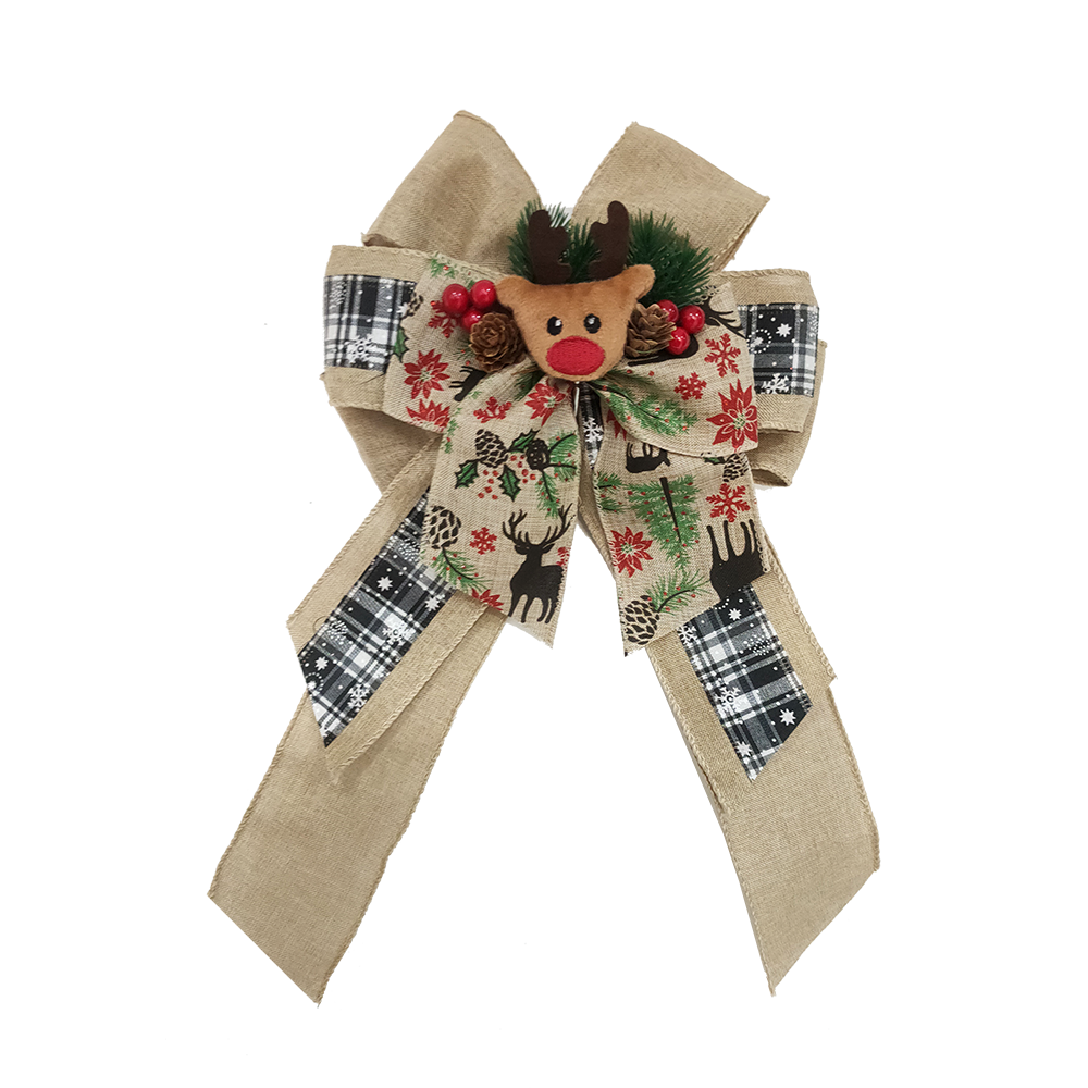 Rustic Handmade Satin Bow with Reindeer Accent