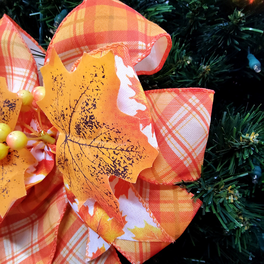 Autumn Charm Satin Bow with Maple Leaves Rustic Fall Satin Bow with Berry Accents