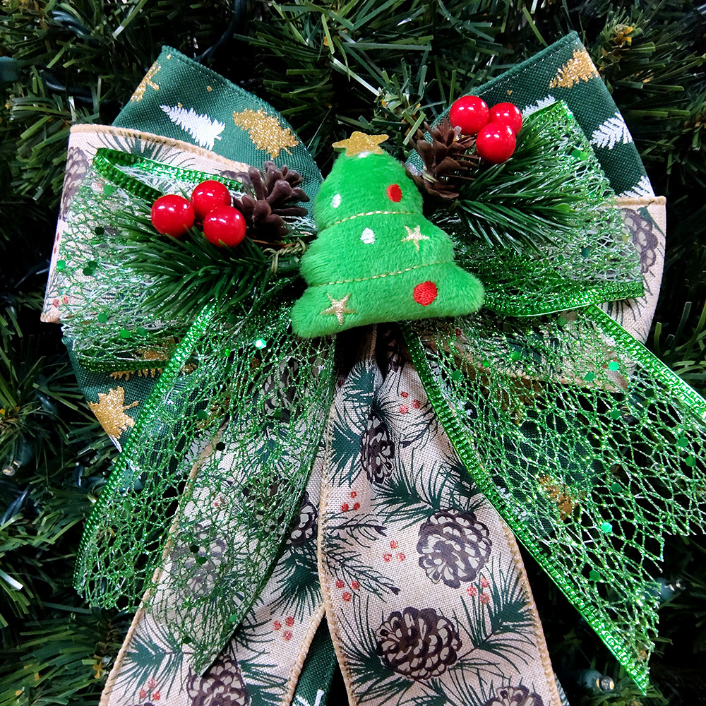 Handmade Christmas Satin Bow with Pine Cone Accents