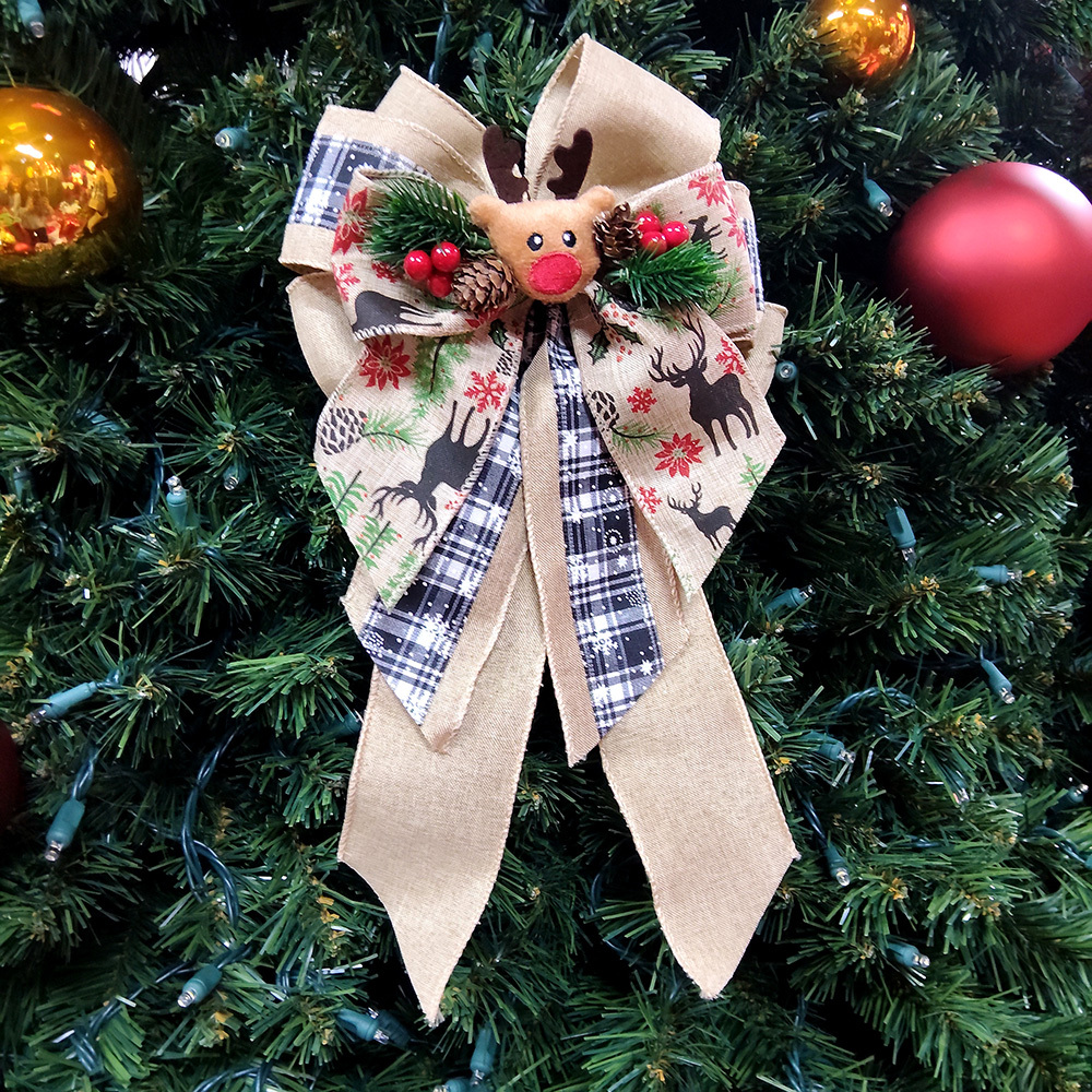 Rustic Handmade Satin Bow with Reindeer Accent