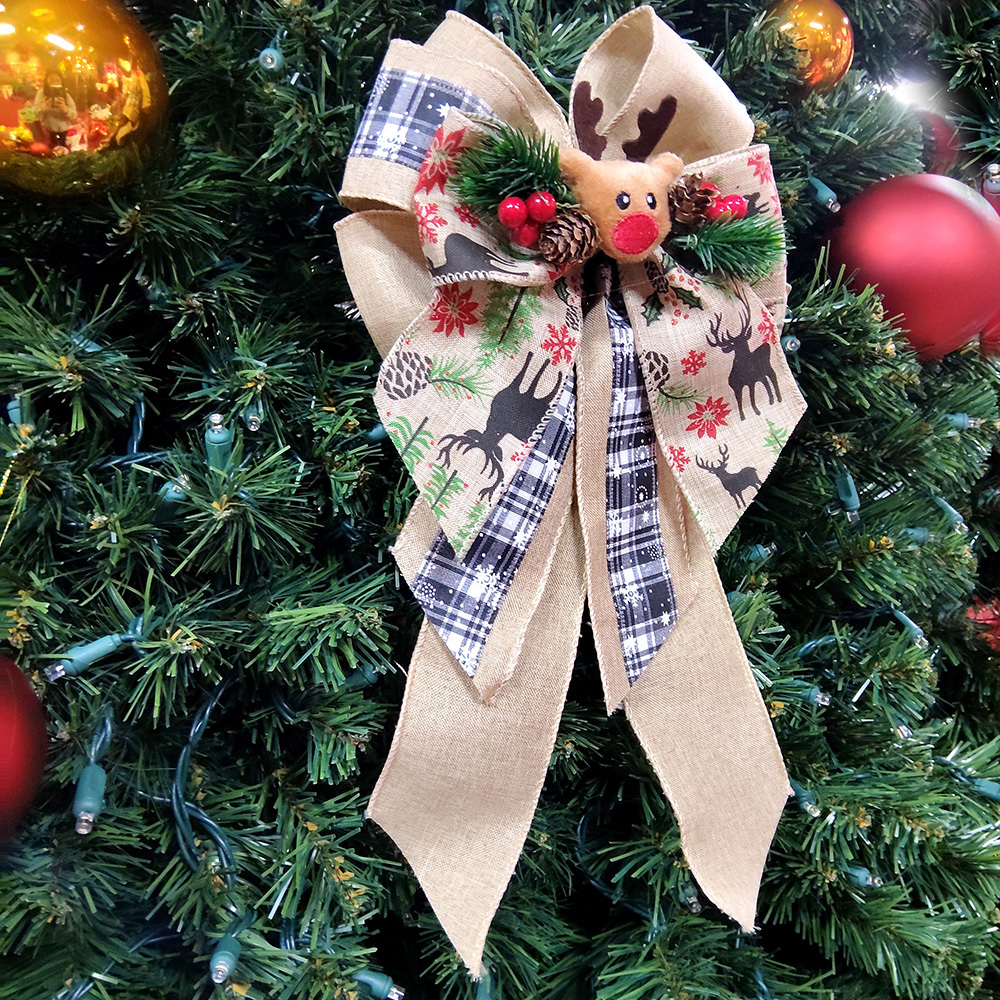 Rustic Handmade Satin Bow with Reindeer Accent