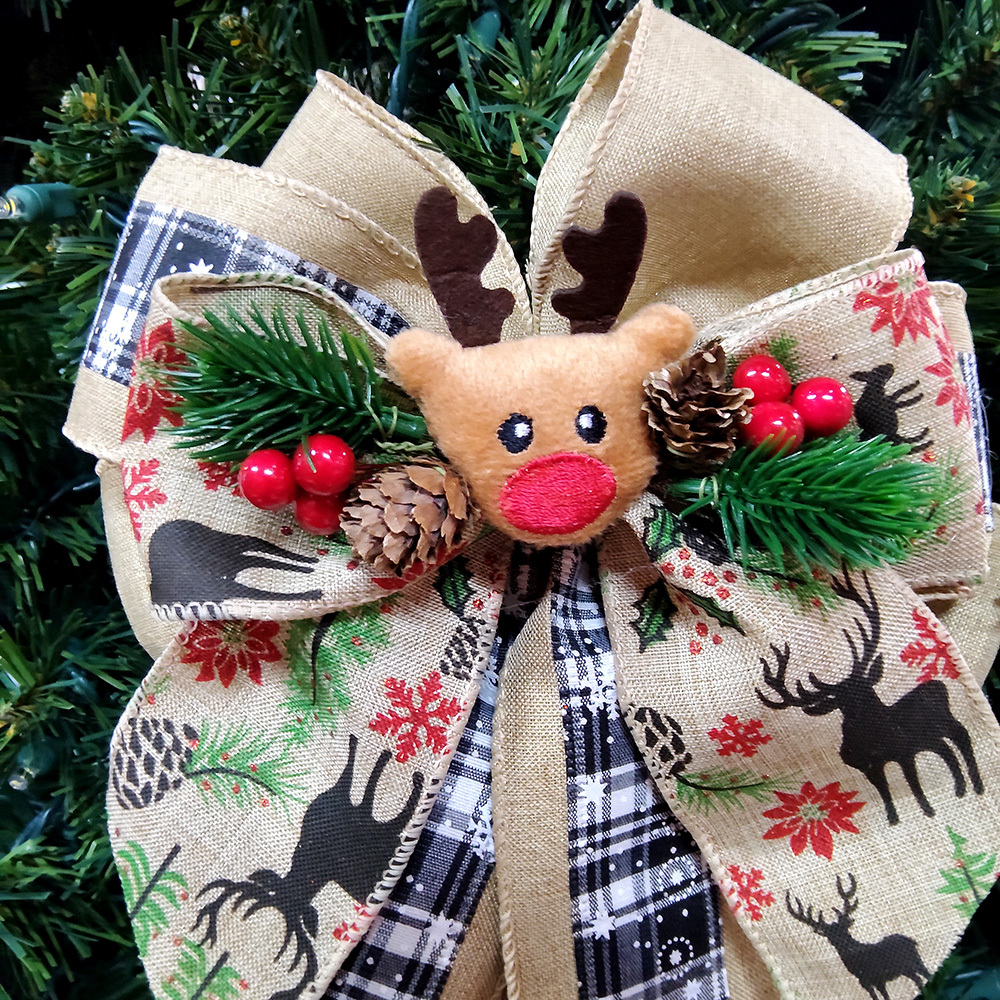 Rustic Handmade Satin Bow with Reindeer Accent