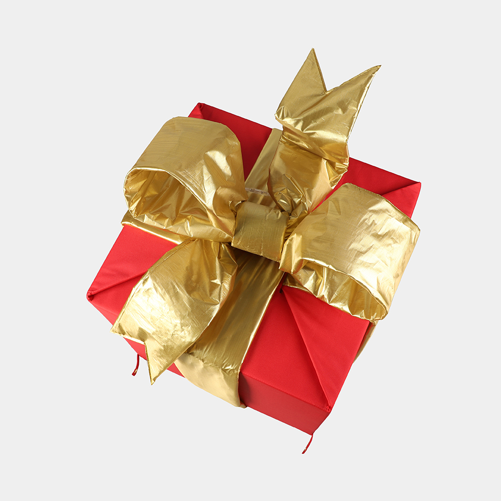 12 in Pre-lit Nylon Gift  Box w/ Bow in Mylar metallic Exterior With LED light Unique and Foldable Design