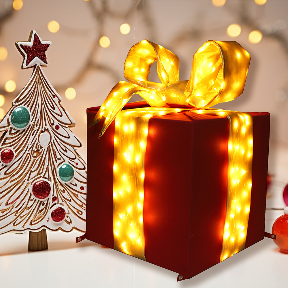 12 in Pre-lit Nylon Gift  Box w/ Bow in Mylar metallic Exterior With LED light Unique and Foldable Design
