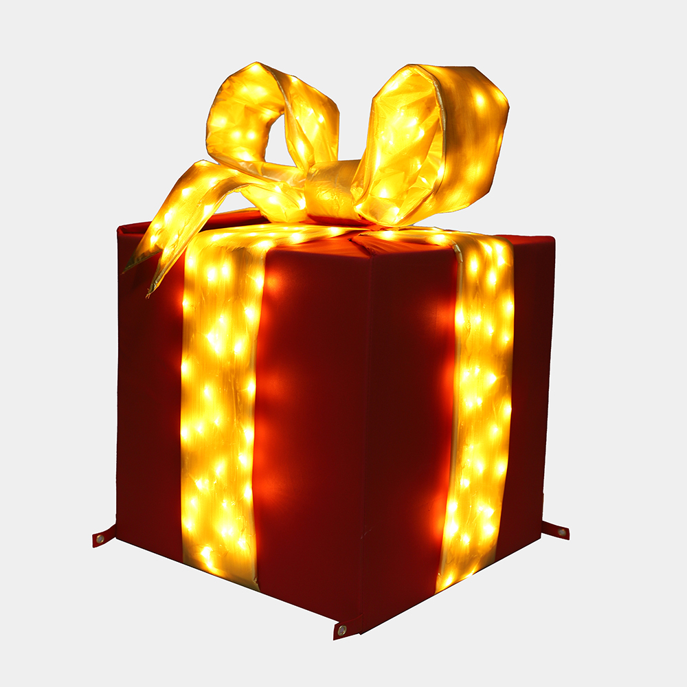 12 in Pre-lit Nylon Gift  Box w/ Bow in Mylar metallic Exterior With LED light Unique and Foldable Design