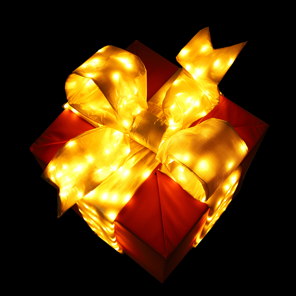 12 in Pre-lit Nylon Gift  Box w/ Bow in Mylar metallic Exterior With LED light Unique and Foldable Design