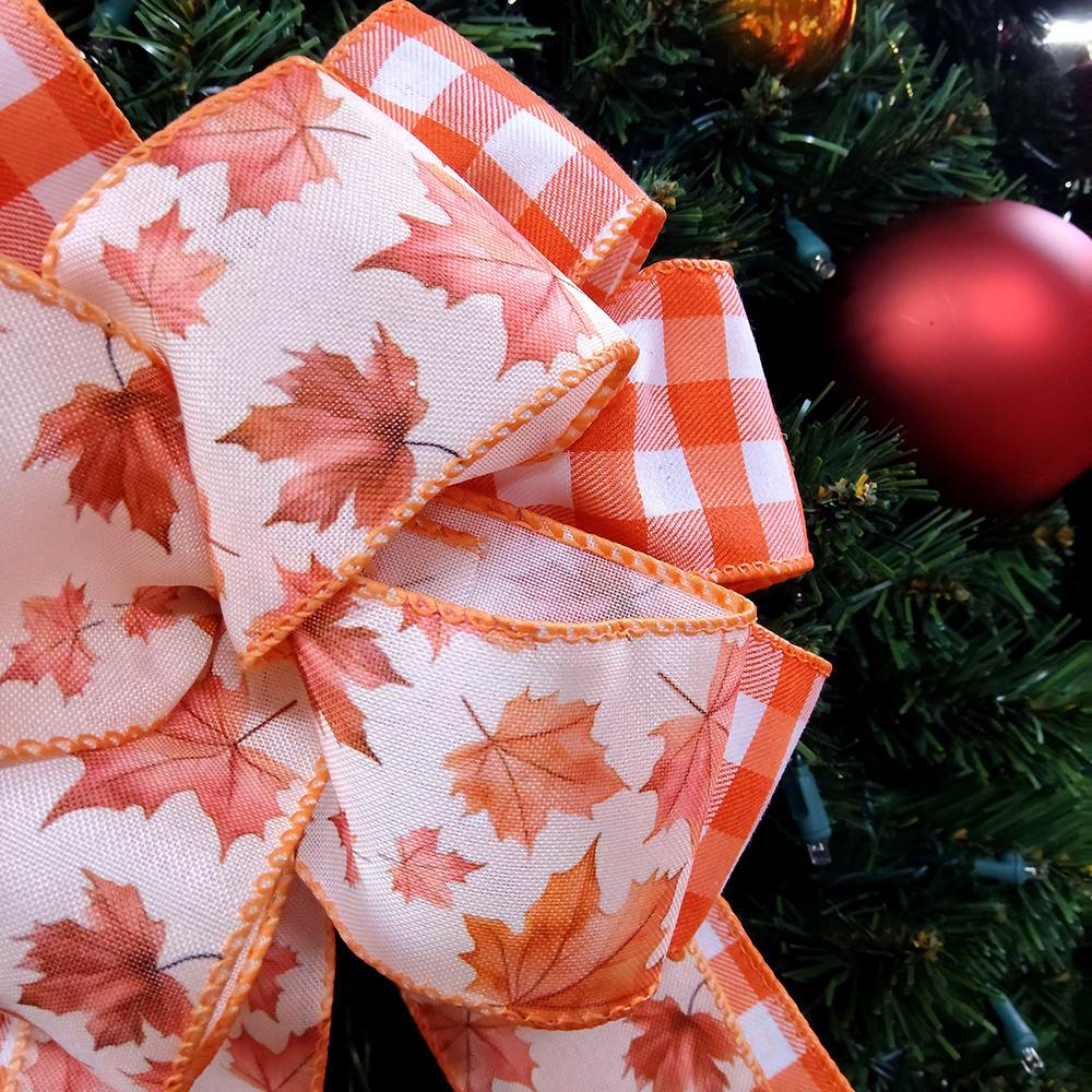 Rustic Autumn Leaves Satin Bow Cozy Harvest Checkered Bow