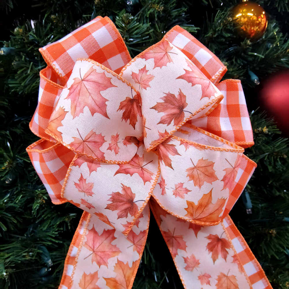 Rustic Autumn Leaves Satin Bow Cozy Harvest Checkered Bow