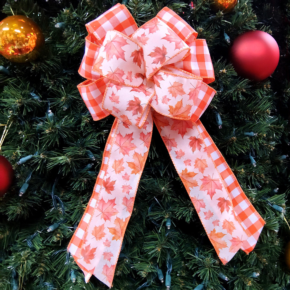 Rustic Autumn Leaves Satin Bow Cozy Harvest Checkered Bow